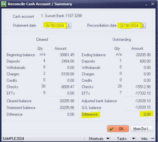 Image showing reconciliation summary balancing before void of check.